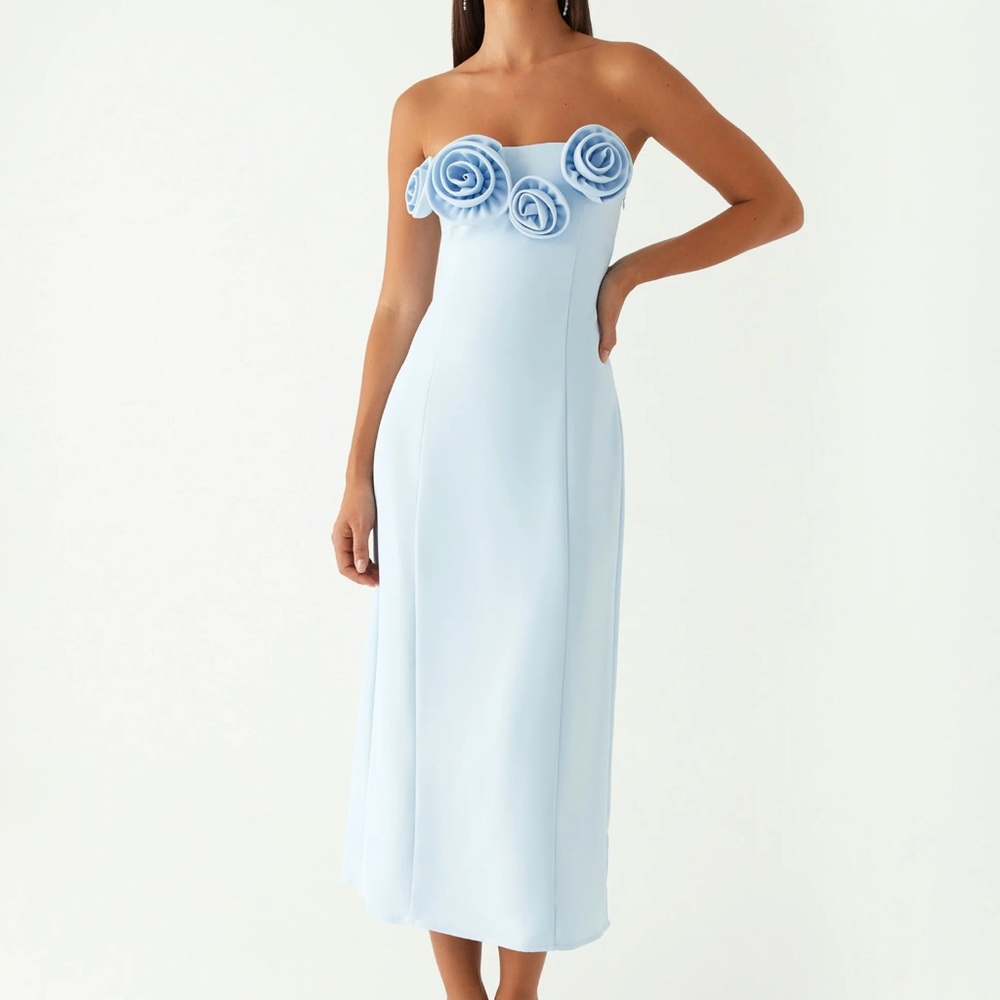 Peppermayo Strapless Light Blue Dress with Floral Details